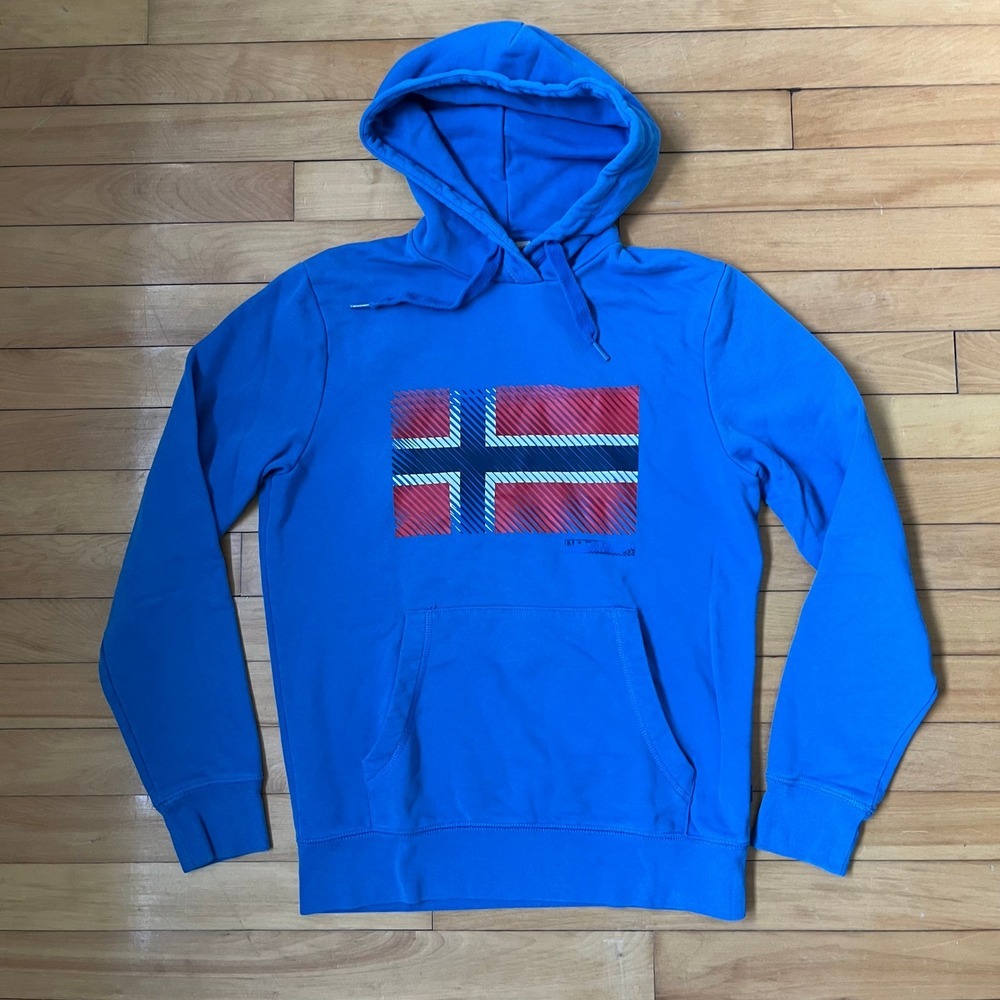Napapijri Geographic Mens Blue Norwegian Flag Graphic Pullover Hoodie Sweatshirt